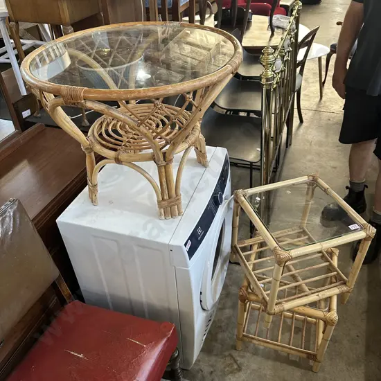 3 cane side tables and folding chair