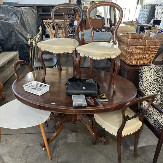 Antique tilt table and 4 chairs