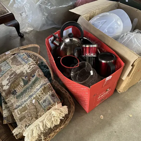 Hard hats, box lot, basket etc