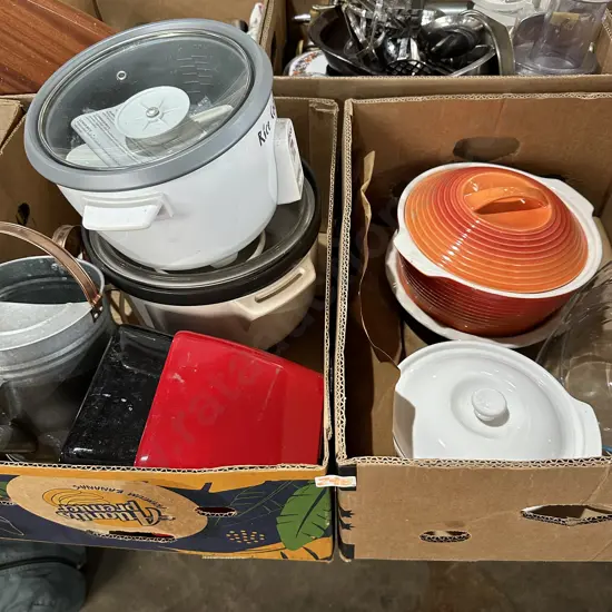 2 boxs cookers, planters, lidded dishes etc