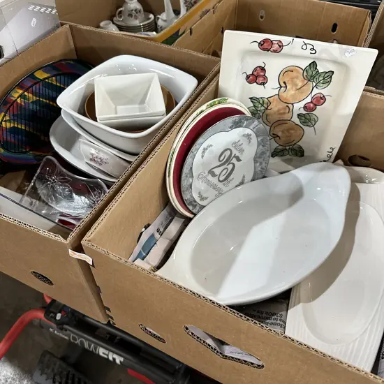 2 boxes pottery, platters etc