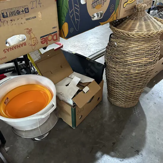 Large lot plastic buckets, wicker basket, dinner set, cake stand etc
