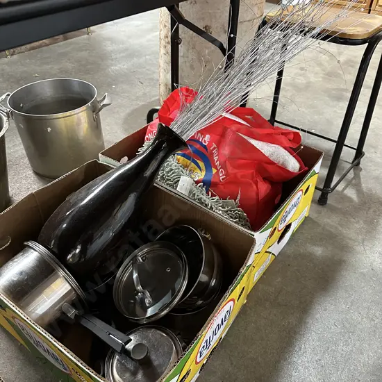 2 boxes pots, vase, towels, stool etc