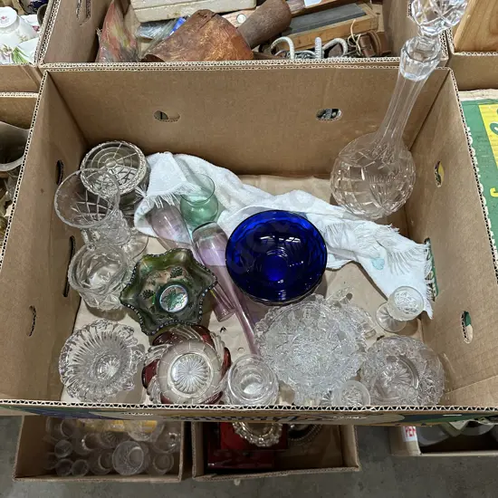 Carnival glass, crystal decanter etc