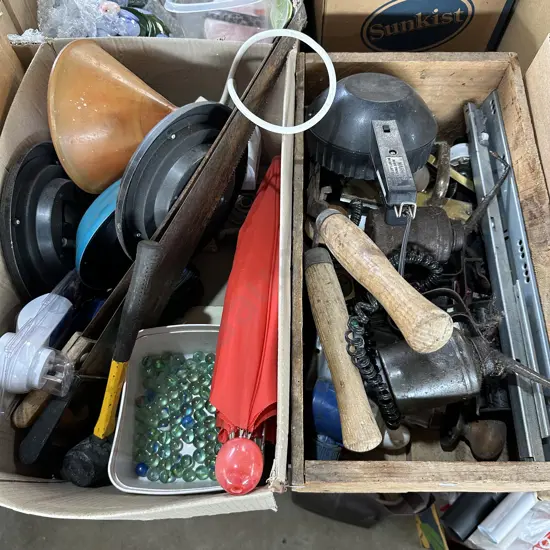 Marbles, tools, oilers (2 box lots)