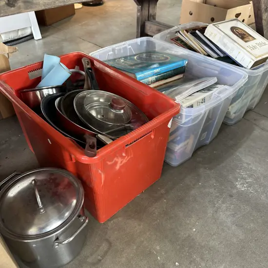 3 bins of books and pots
