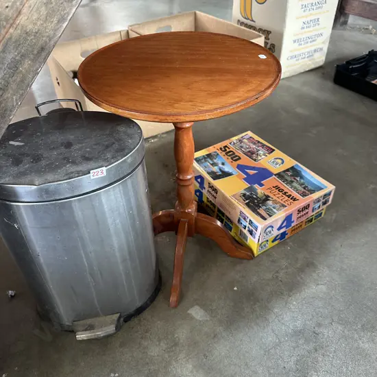 Side table, bin, puzzles