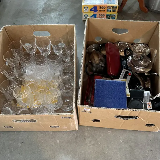 2 box camera, silver, glassware