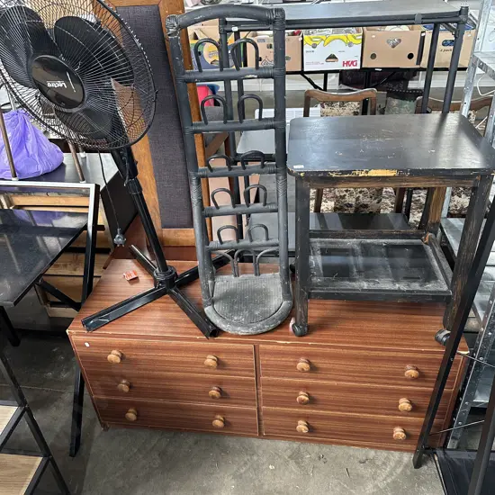 Side table, shoe stand, fan, drawers