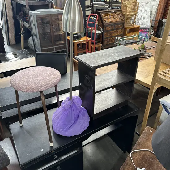 Shelf, desk, stool and lamp