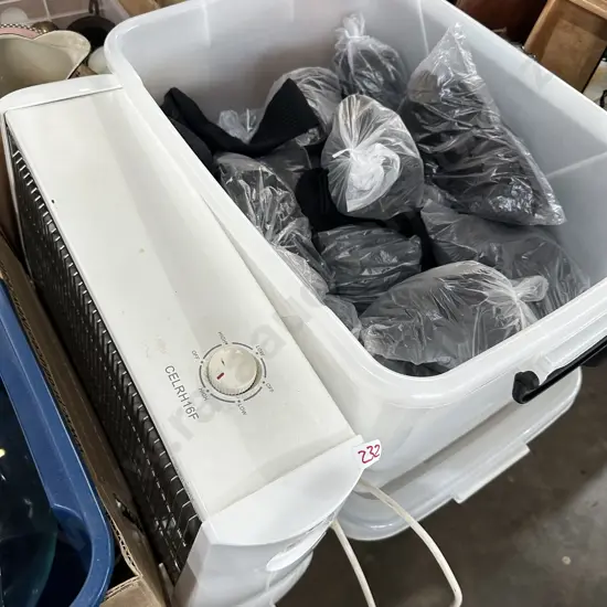 Bin of socks and heater