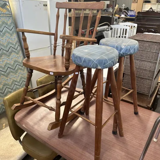 2 stools and an old wooden rocker