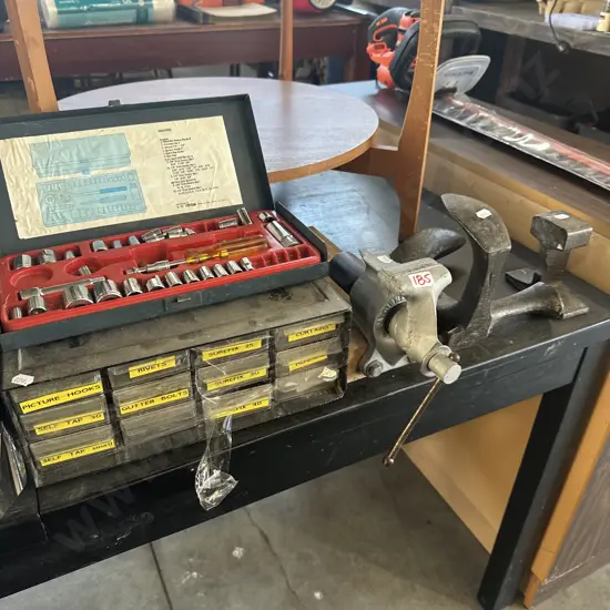 Socket set, vice , anvil etc