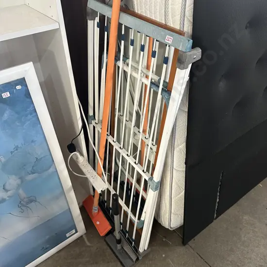 Mirror, clothes airer, broom