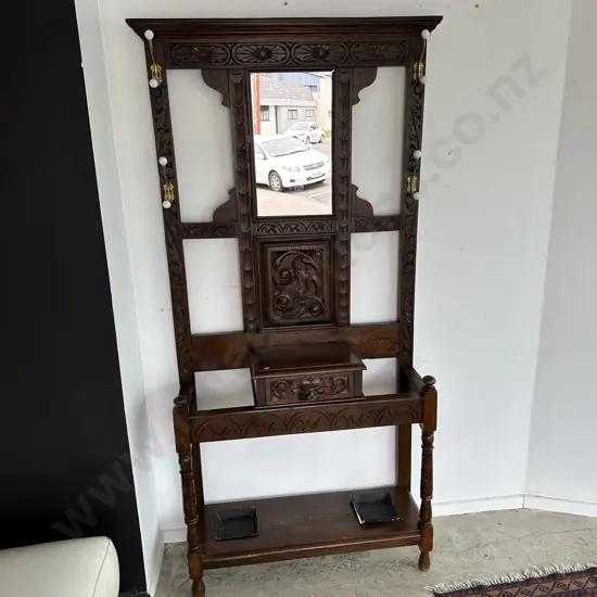 Carved Oak hall stand with draw