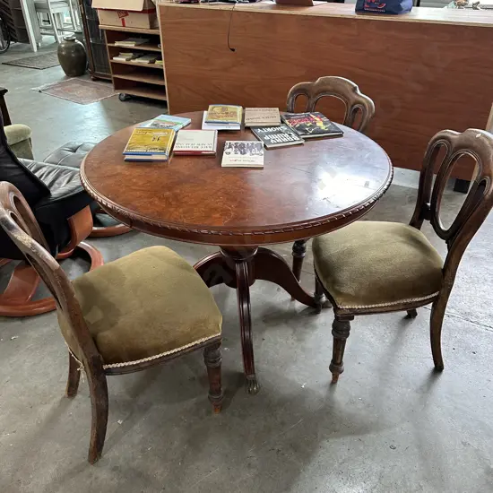 Pedestal table and 3 antique chairs