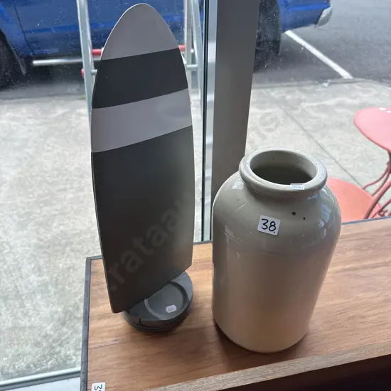 Stone crock and aeroplane art