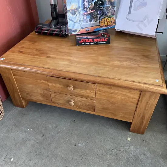 Solid Rimu coffee table with cupboard & drawers