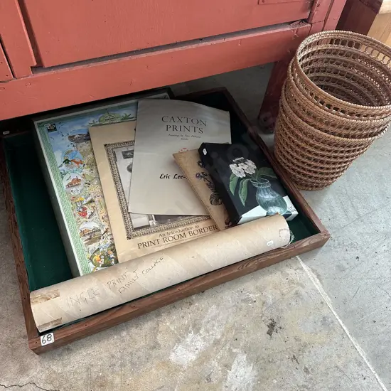 Puzzle board, wicker baskets, prints etc