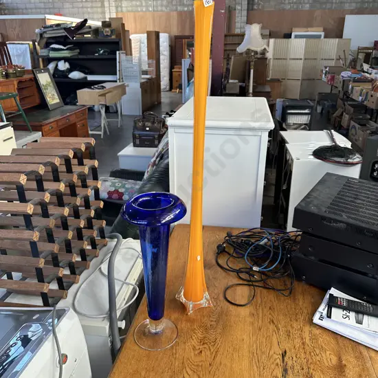 2 tall art glass vases