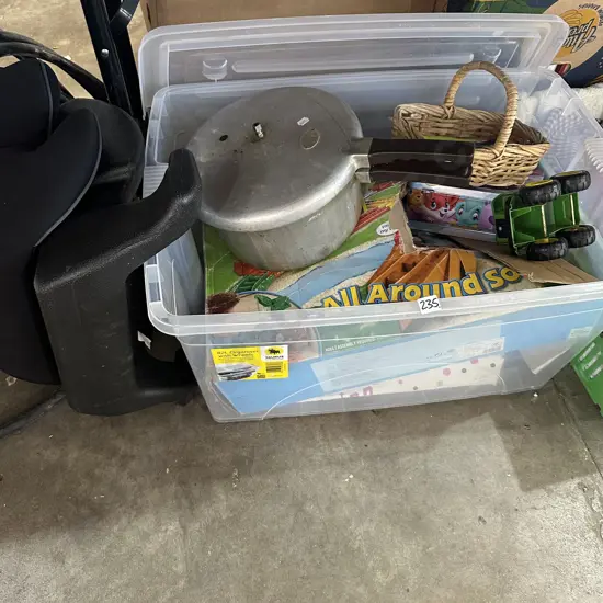 Bin of toys, cooker, car seats etc
