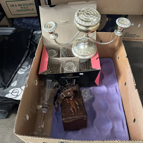 Crystal glasses, candelabra etc