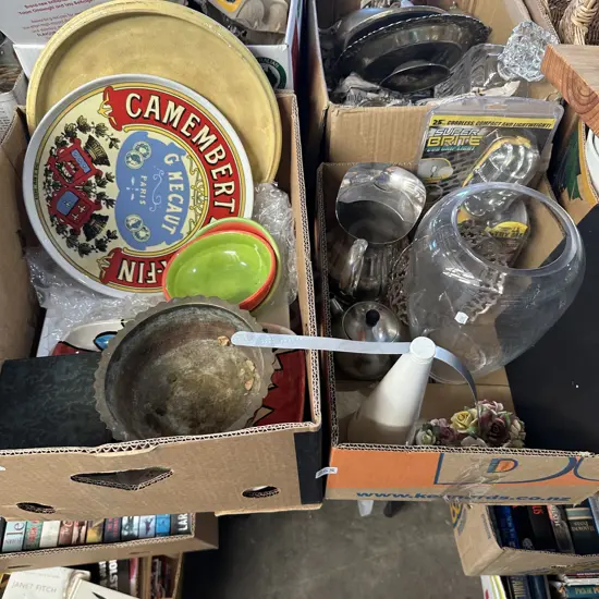 2 boxes Brass, pottery etc