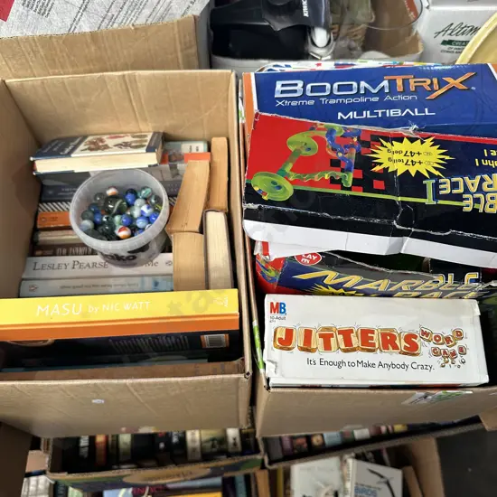 2 box games, books, marbles