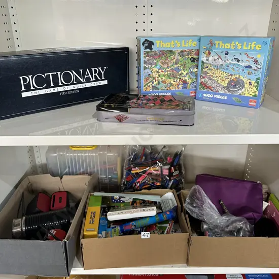 2 shelf lots games , pens etc