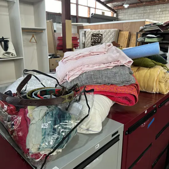 Large lot duvets, material, belts etc
