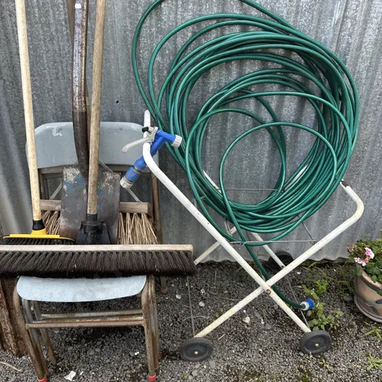 Hose, garden tools and chairs etc