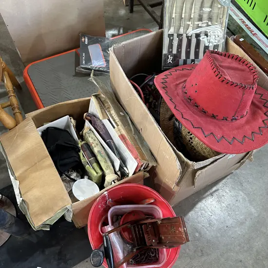 2 box lots hats, hardware. platters