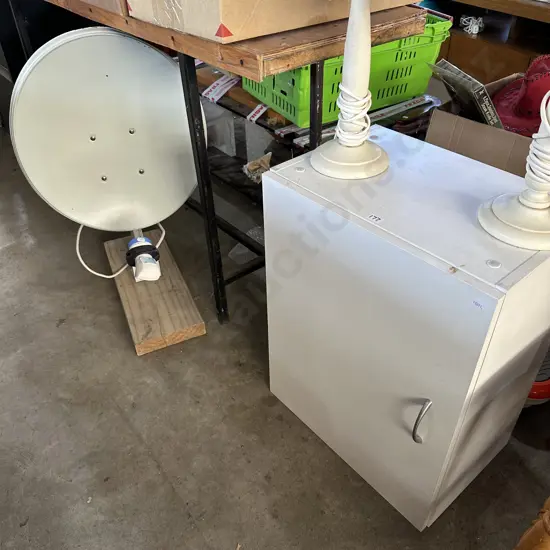 Cupboard, dish, and file cabinet