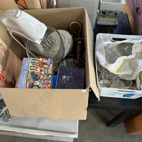2 box glassware, CDs, woodplane, mixer