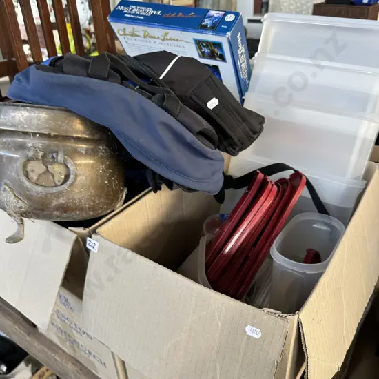 2 boxes brass planter, containers, files, back backs etc