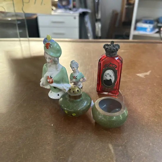 Victorian purfume bottle, half dolls, enamels