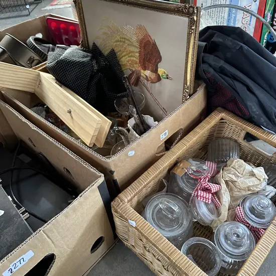 Jars, basket, collectables