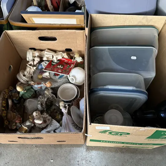 2 box ornmts, tupperware, jars etc