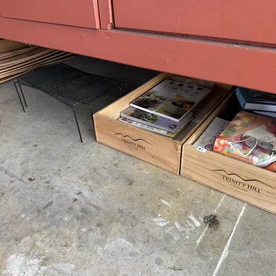 2 wine boxes, cook books and pr stands