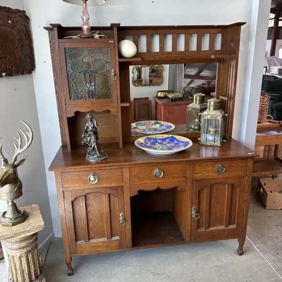 Arts & Crafts Oak dresser with leadlight