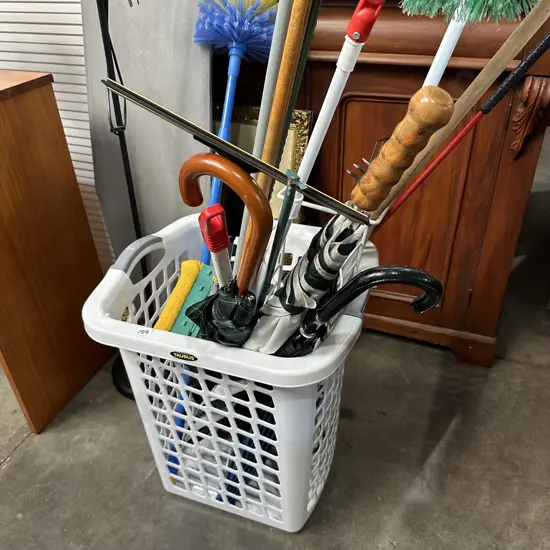Wash basket, cleaning tools, umbrellas etc