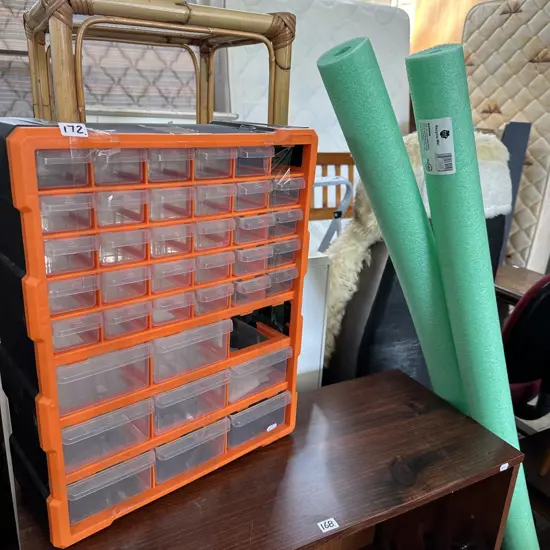 Pool noodles and parts drawers
