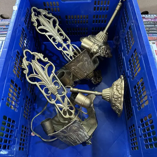 Pr Vintage light fittings plus bin