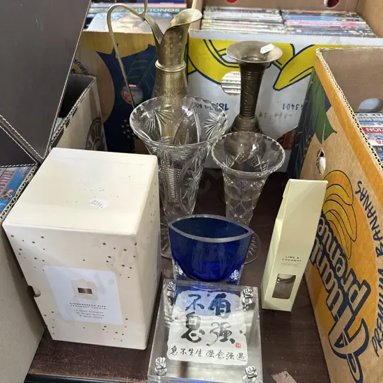 Crystal brassware, candle etc