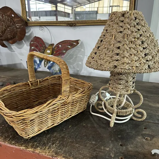 Cane basket & woven lamp