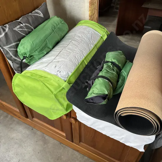 Yoga mat, duvet,  cushions and camping beds