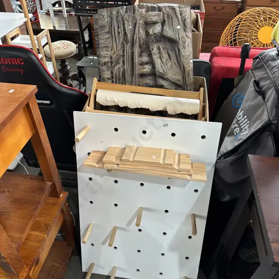 Peg board shelf and paper dispenser etc