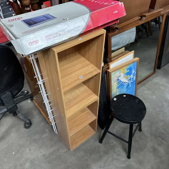 Stool, shelves, pictures etc