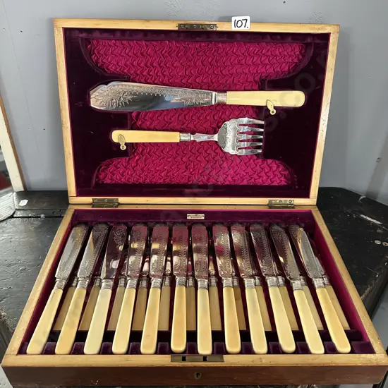Boxed Fish cutlery service , Sterling Silver banded. Walker & Hall