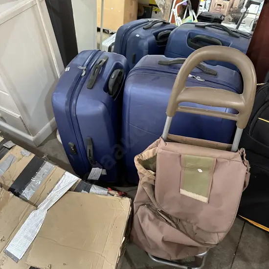 2 x hard suitcases, shopping trolley, lamp and mirror